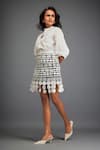 Shop_Deepika Arora_White Ponte Roma Voluminous Sleeves Solid Shirt With Geometric Skirt _Online_at_Aza_Fashions