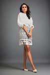 Deepika Arora_White Ponte Roma Voluminous Sleeves Solid Shirt With Geometric Skirt _at_Aza_Fashions