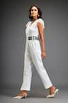 Deepika Arora_White Ponte Roma Embellished Leather Sphere Short Sleeves Belted Jumpsuit _Online_at_Aza_Fashions