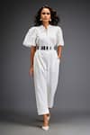 Buy_Deepika Arora_White Ponte Roma Embellished Leather Applique Geometric Jumpsuit With Belt _at_Aza_Fashions