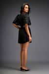 Buy_Deepika Arora_Black Ponte Roma Embellished Leather Applique V Geometric Playsuit With Belt 