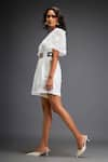 Deepika Arora_White Ponte Roma Embellished Leather Geometric Bloom Playsuit With Belt _Online_at_Aza_Fashions