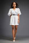 Deepika Arora_White Ponte Roma Embellished Leather Geometric Bloom Playsuit With Belt _at_Aza_Fashions