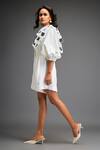 Deepika Arora_White Ponte Roma Embellished Leather Applique V Neck Geometric Flora Playsuit _Online_at_Aza_Fashions