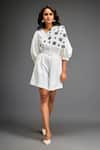 Shop_Deepika Arora_White Ponte Roma Embellished Leather Applique V Neck Geometric Flora Playsuit _Online_at_Aza_Fashions