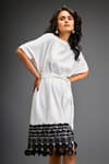 Shop_Deepika Arora_White Polyester Applique Round Neck Geometric Bloom Leather Belted Midi Dress _Online_at_Aza_Fashions
