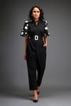 Buy_Deepika Arora_Black Ponte Roma Embellished Leather Florid Geometric Jumpsuit With Belt _at_Aza_Fashions