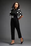 Buy_Deepika Arora_Black Ponte Roma Embellished Leather Florid Geometric Jumpsuit With Belt _Online_at_Aza_Fashions