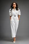 Buy_Deepika Arora_White Ponte Roma Embellished Leather Geometric Floral Jumpsuit With Belt _at_Aza_Fashions