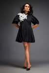 Buy_Deepika Arora_Black 100% Cotton Applique Floral Collared Neck Balloon Dress _at_Aza_Fashions