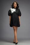 Shop_Deepika Arora_Black 100% Cotton Applique Floral Collared Neck Balloon Dress _Online_at_Aza_Fashions