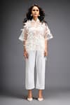 Deepika Arora_White Organza And Ponte Roma Applique Floral Flower Bunch Sheer Shirt With Pant _at_Aza_Fashions