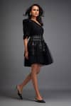 Deepika Arora_Black Rozella Crepe And Net Embellished Geometric Asymmetric Neck Cutwork Dress _Online_at_Aza_Fashions