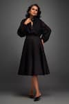 Buy_Deepika Arora_Black Organza Textured Cut-out High Collar Plain Cropped Jacket With Skirt _at_Aza_Fashions