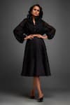 Deepika Arora_Black Organza Textured Cut-out High Collar Plain Cropped Jacket With Skirt _Online_at_Aza_Fashions