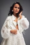 Shop_Deepika Arora_White Organza Textured Cut-out Jacket High Collar Plain Cropped Skirt Set _Online_at_Aza_Fashions