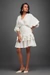 Shop_Deepika Arora_White Rozella Crepe Embellished Applique V-neck Textured Tiered Dress _Online_at_Aza_Fashions