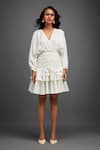 Shop_Deepika Arora_White Rozella Crepe Embellished Applique V-neck Textured Tiered Dress 