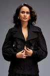 Shop_Deepika Arora_Black Ponte Roma Textured Applique Lapel Collar Embellished Jacket With Skirt _Online_at_Aza_Fashions