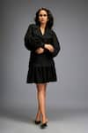 Shop_Deepika Arora_Black Ponte Roma Textured Applique Lapel Collar Embellished Jacket With Skirt 