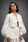 Shop_Deepika Arora_White Ponte Roma Textured Applique Lapel Collar Jacket With Skirt _Online_at_Aza_Fashions