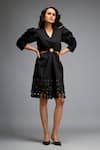 Buy_Deepika Arora_Black 100% Cotton Textured Applique V-neck Cut-out Dress _at_Aza_Fashions