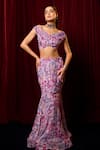 Buy_Vesture_Purple Chiffon Print Floral Off Shoulder Lavender Hugs Lehenga With Blouse _at_Aza_Fashions