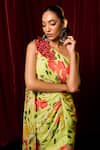 Shop_Vesture_Green Chiffon Print Floral One Shoulder Poppy Petits Gown _at_Aza_Fashions