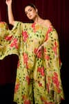 Shop_Vesture_Green Chiffon Print Leaf One Shoulder Asymmetric Cape With Palazzo _at_Aza_Fashions