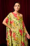 Vesture_Green Chiffon Print Leaf One Shoulder Asymmetric Cape With Palazzo _Online_at_Aza_Fashions