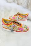 Shop_Rajasthani Stuff_Yellow Embroidered Boss Babe Peacock Motif Sneakers _at_Aza_Fashions