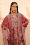 Shop_Label Astha Chhabra_Orange Crepe Hand Embellished Floral Tunic V-neck Printed Cape With Set _Online_at_Aza_Fashions