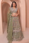 Buy_Label Astha Chhabra_Green Organza Hand Embellished Cutwork Plunge V Floral Lehenga Set _at_Aza_Fashions