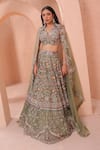 Buy_Label Astha Chhabra_Green Organza Hand Embellished Cutwork Plunge V Floral Lehenga Set _Online_at_Aza_Fashions