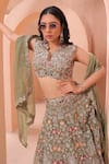 Shop_Label Astha Chhabra_Green Organza Hand Embellished Cutwork Plunge V Floral Lehenga Set _Online_at_Aza_Fashions