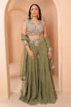 Shop_Label Astha Chhabra_Green Organza Hand Embellished Cutwork Plunge V Paisley Blouse Sharara Set _at_Aza_Fashions