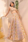 Buy_Label Astha Chhabra_Yellow Crepe Hand Embellished Gota Sweetheart Botanical Print Lehenga Set _Online_at_Aza_Fashions