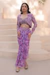 Buy_Label Astha Chhabra_Purple Chiffon Georgette Hand Embellished Print Pre-draped Skirt Set With Jacket _at_Aza_Fashions