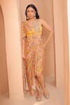 Buy_Label Astha Chhabra_Yellow Crepe Hand Embellished Gota Botanical Print Pre-draped Saree With Blouse _at_Aza_Fashions