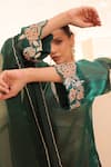 Buy_Label Astha Chhabra_Green Organza Hand Embellished Applique V Neck Floral Detailed Kurta Pant Set _Online_at_Aza_Fashions