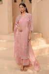 Buy_Label Astha Chhabra_Pink Glass Organza Hand Embellished Thread V Neck Floral Embroidered Kurta Set _at_Aza_Fashions