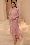 Shop_Label Astha Chhabra_Pink Glass Organza Hand Embellished Thread V Neck Floral Embroidered Kurta Set _at_Aza_Fashions