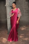 Buy_Label Astha Chhabra_Pink Aemani Satin Hand Embroidered Pearl Solid Pre-draped Saree Set With Cape _at_Aza_Fashions