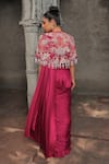 Shop_Label Astha Chhabra_Pink Aemani Satin Hand Embroidered Pearl Solid Pre-draped Saree Set With Cape _at_Aza_Fashions