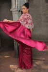 Shop_Label Astha Chhabra_Pink Aemani Satin Hand Embroidered Pearl Solid Pre-draped Saree Set With Cape _Online_at_Aza_Fashions