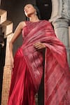 Shop_Label Astha Chhabra_Red Milano Satin Hand Embroidered Stripe Detailed Pre-draped Saree With Blouse _Online_at_Aza_Fashions