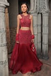 Buy_Label Astha Chhabra_Red Milano Satin Hand Embroidered Cut-work Round Bead Fish Lehenga Set _at_Aza_Fashions