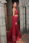 Shop_Label Astha Chhabra_Red Milano Satin Hand Embroidered Cut-work Round Bead Fish Lehenga Set _at_Aza_Fashions