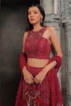 Label Astha Chhabra_Red Milano Satin Hand Embroidered Cut-work Round Bead Fish Lehenga Set _Online_at_Aza_Fashions