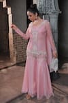 Shop_Label Astha Chhabra_Pink Organza Hand Embroidered Floral Jacket V Neck With Sharara Set _at_Aza_Fashions